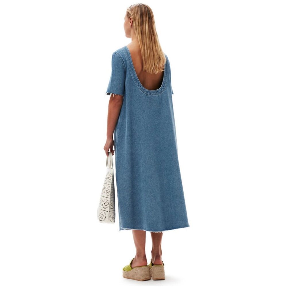 GANNI Scoop Back Organic Cotton Denim Midi Dress Indigo Blue EU 36 US 4 New - Picture 15 of 16